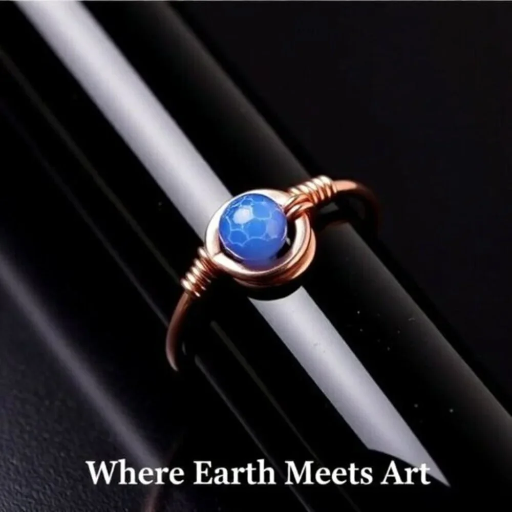 Slim! Dainty! Blue Agate Gemstone Ring + Durable Copper! Sz 5.5 - Custom Size OK